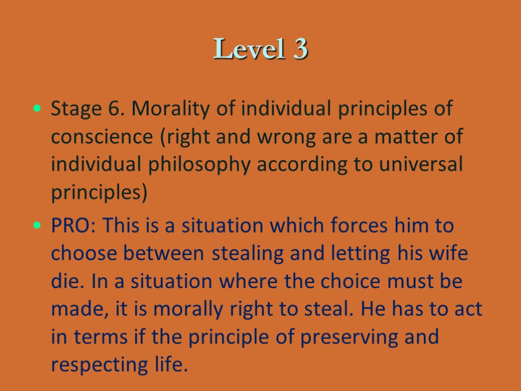 Level 3 Stage 6. Morality of individual principles of conscience (right and wrong are